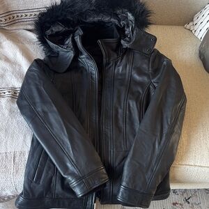 Danier Black Leather Hooded Jacket with Faux Fur Trim